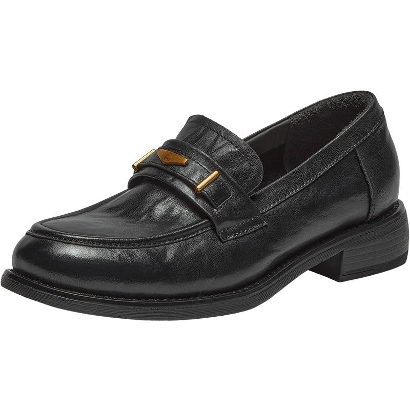 Bata乐福鞋女2025秋季新款英伦牛皮粗跟通勤一脚蹬单鞋15711CA5