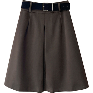 日韩miu系复古毛呢料压褶中裙女秋冬法式百搭遮胯半身西装短裙子