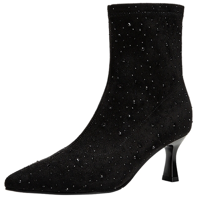 千百度细高跟时装靴女2025冬季新款尖头弹力袜靴通勤洋气小短靴子