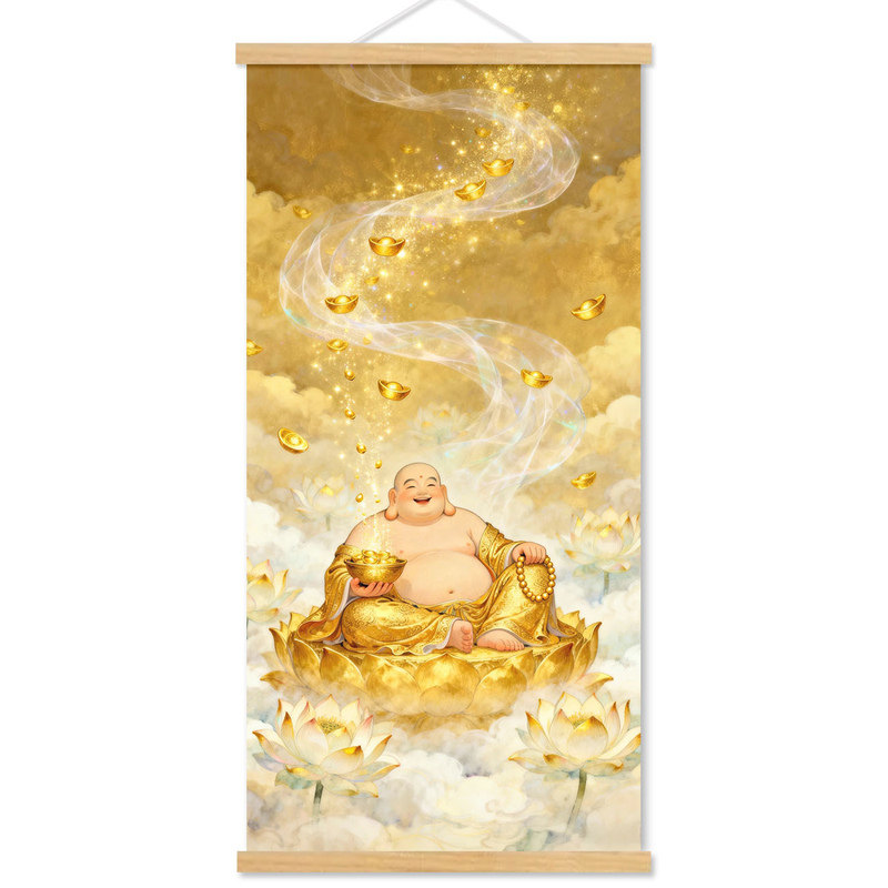 大肚佛挂画释迦牟尼弥勒佛客厅玄关卷轴挂画防潮招财画像装饰画