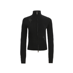 F383 美式复古十字高领毛衣开衫女修身显瘦百搭双拉链针织上衣ins