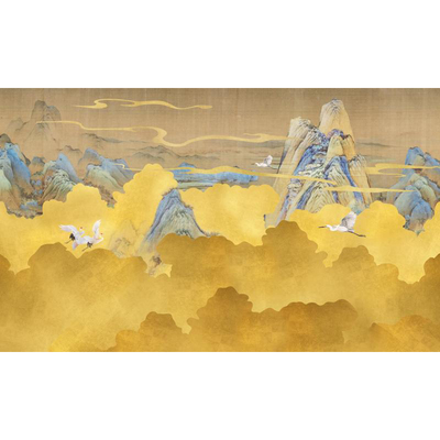 复古祥云飞鹤壁画古风山峰仙鹤道家背景墙纸客厅茶室仙台佛堂壁纸