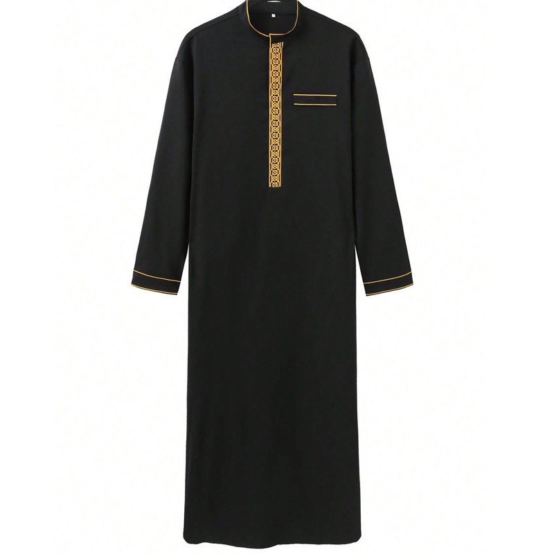 Arab Men Black Thobe男士立领长袍带口袋刺绣大码连体衣袍子罩袍