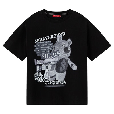 SprayGround鲨鱼嘴小熊印花短袖T恤男25夏季宽松休闲五分袖上衣