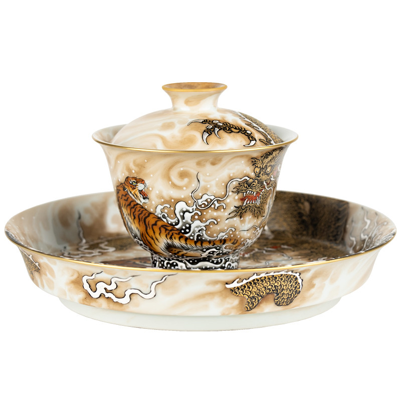 圣山粉彩宣色《卧虎藏龙》陶瓷盖碗景德镇手工陶瓷茶具泡茶盖碗