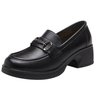 红蜻蜓女鞋秋冬新款厚底增高一脚蹬休闲皮鞋乐福鞋女真皮加绒冬季