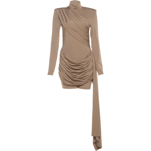 #Sisjuly#气场全开优雅lady 不规则堆褶飘带设计修身长袖连衣裙女