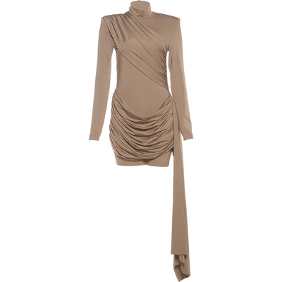 不规则堆褶飘带设计长袖连衣裙女