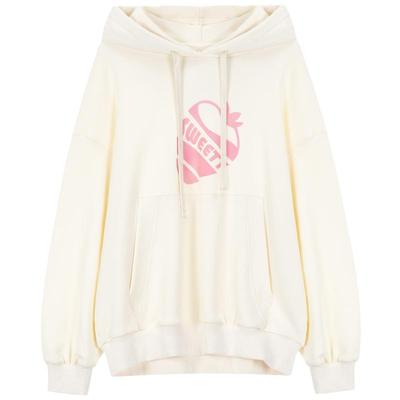 Lagogo拉谷谷百搭甜美草莓卫衣女2024春季新款宽松连帽米色上衣