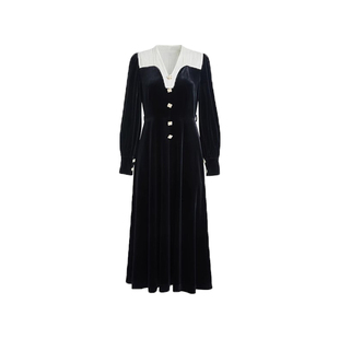 岚天鹅女装天鹅绒黑白撞色娃娃领轻奢高定宴会25秋冬丝绒连衣裙