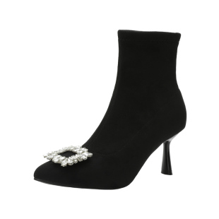 尖头瘦瘦靴女2026新款秋冬黑色绒面细跟水钻百搭袜靴性感高跟短靴