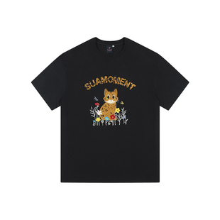 SuaMoment抓痕豹猫毛巾绣短袖T恤男女夏季美式潮牌情侣休闲半袖