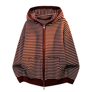 拉夏贝尔针织条纹连帽卫衣开衫冬季氛围感红色毛衣外套宽松休闲男