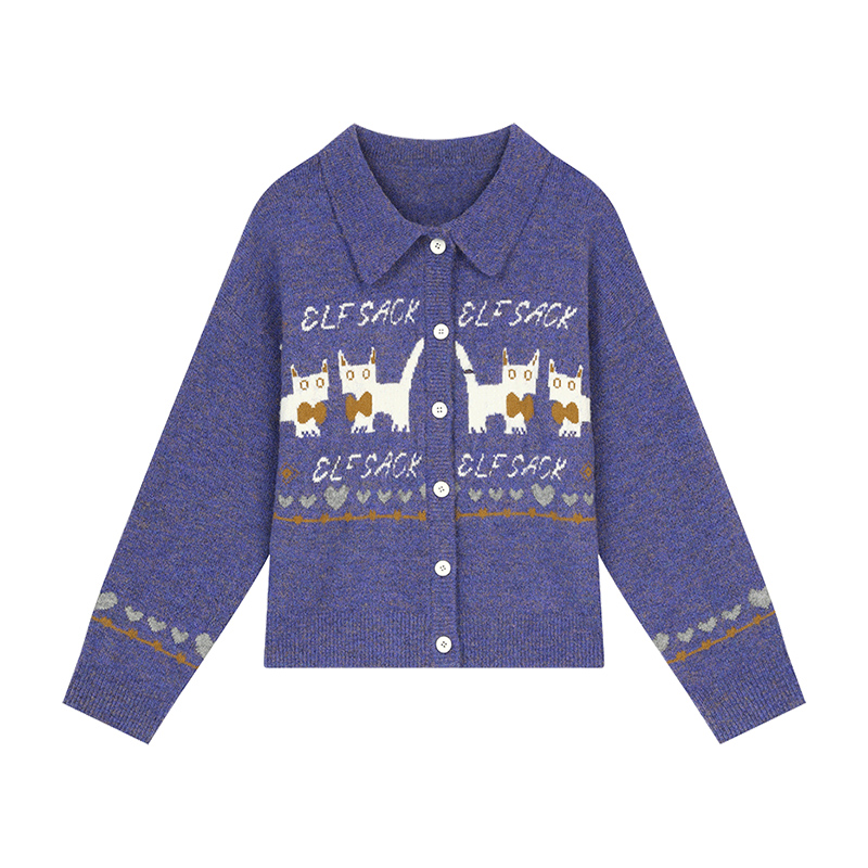 妖精的口袋猫咪费尔岛提花毛衣外套女2025秋冬新款复古翻领内搭