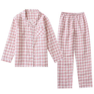 春秋款情侣纯棉双层纱布日式夏薄款长袖男女全棉家居服睡衣套装女
