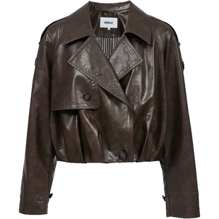 ONLY春季老钱风油蜡质感插肩拼接剪裁显高短款PU外套女