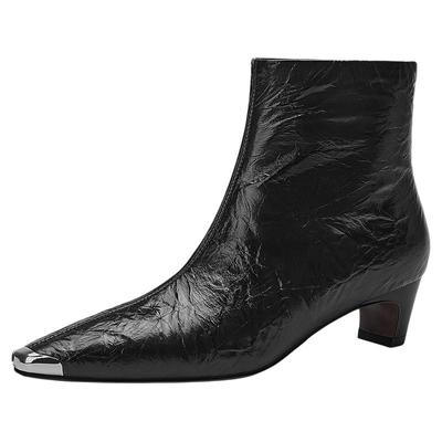 星期六法式短靴尖头粗跟时装靴