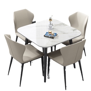 现代简约正方形岩板圆餐桌家用小户型大理石接待洽谈阳台桌椅组合