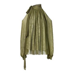 CELLO SONATA 2025秋季新款绿色螺纹领露肩褶皱上衣女高级感秋装