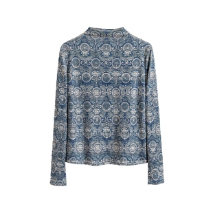 她池半高领打底衫2026春装新款女装气质内搭长袖套头复古印花上衣