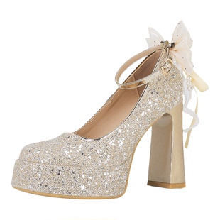 香槟色高跟鞋配礼服伴娘鞋婚礼蝴蝶结一字带防水台厚底玛丽珍女鞋