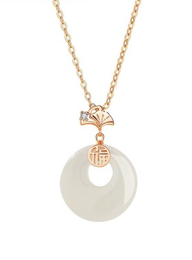 原创小杏运平安扣项链女复古福字白玉髓吊坠小红书同款锁骨链