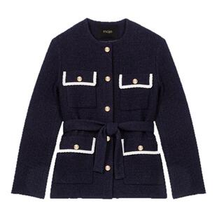 季末7折Maje2025秋冬款女装摩登都市法式粗花呢撞色系带修身外套