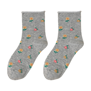 松口袜子不勒脚秋冬厚款卷边女士碎花中老年松口袜子妈妈老人纯棉