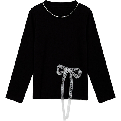 DM100大码百分百女装微胖mm冬季蕾丝蝴蝶结开叉圆领打底针织衫T恤