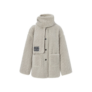 LEDIM WANG水貂灰仿羊羔毛皮草女25冬新款皮毛一体毛毛外套送围巾