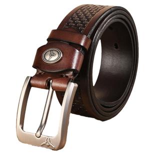 新款男士真皮皮带整块头层纯牛皮耐用针扣裤带休闲编织纹青年腰带