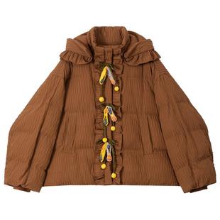 KEIKO 文艺复古豆荚扣饰加厚棉服棉袄冬季立体绉布连帽外套面包服