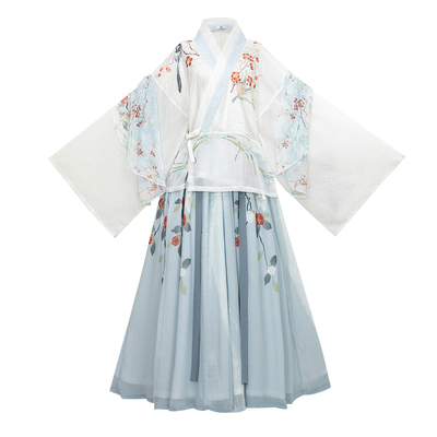 花朝记｜春山负雪｜晋制汉服晋襦破裙披子天丝印花蓝色公主风日常