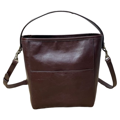 头层植鞣牛皮女包哈弘水桶包复古