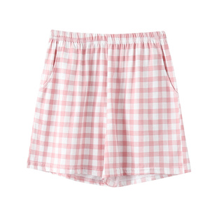 睡裤女夏季短裤纯棉薄款宽松休闲可外穿日系格子松紧裤粉色居家裤