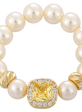 黄色方形锆石珍珠食指戒指巨好看