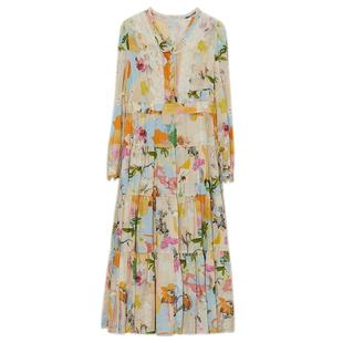 谜底花色连衣裙长袖女秋新款复古文艺提花收腰长裙233ML1090