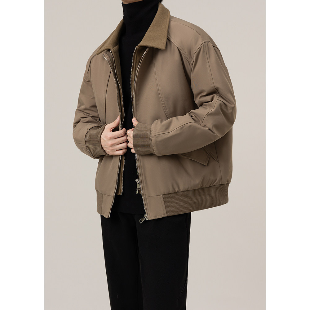 2025冬季假两件拼接高级感毛呢夹克男士休闲痞帅保暖羽绒服外套潮