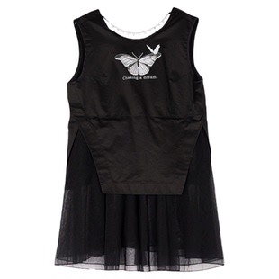 纳帕佳2024年春夏新款黑色圆领印花拼网纱无袖套衫裙个性连衣裙