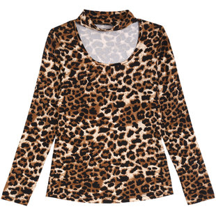 2025冬季新款圆领豹纹加绒薄绒长袖套装女时尚洋气大码长裤喇叭裤