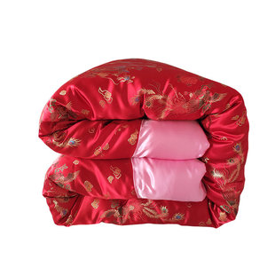 结婚婚房被子老式包边棉被丝绸绸缎老款龙凤缎子被面手工复古布料