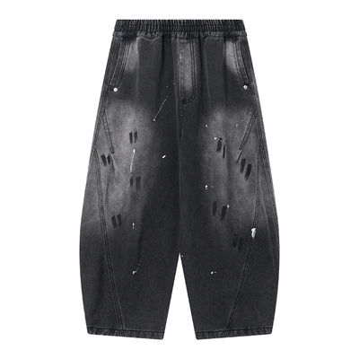 潮牌泼墨甩漆设计阔腿弯刀牛仔裤