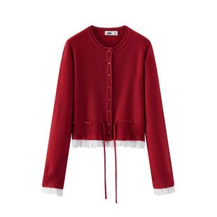 新年红 森马针织开衫女春红色毛衣蕾丝收腰2026新款新年甜美上衣