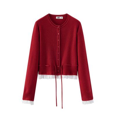 森马撞色蕾丝收腰短款针织开衫女