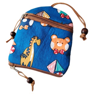 棉麻卡通布艺抽绳钥匙包女生拉链零钱包多功能小布包抽拉式锁匙袋