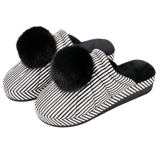 经典条纹防水PU皮棉拖鞋女厚底坡跟加绒保暖防滑时尚居家秋冬外穿