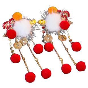 古风汉服小财神国风新年毛球流苏铜钱发钗红色可爱发夹儿童头饰品