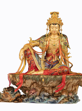 台湾珐琅彩纯黄铜水月观音像