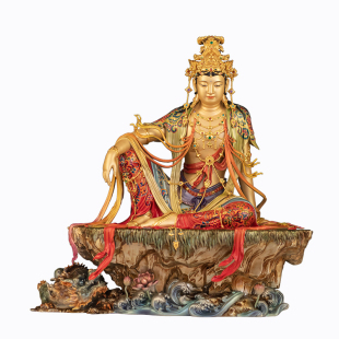 台湾珐琅彩纯黄铜水月观音像自在观音佛像收藏级供奉摆件精工铜雕