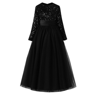 女童黑色长袖晚礼服儿童走秀洋气礼服秋冬新款中大童小提琴表演服